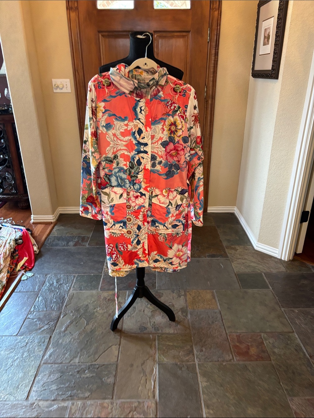 Floral Coral Hooded Rain Coat